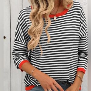 Chic Striped Long Sleeve Top with Red Trim